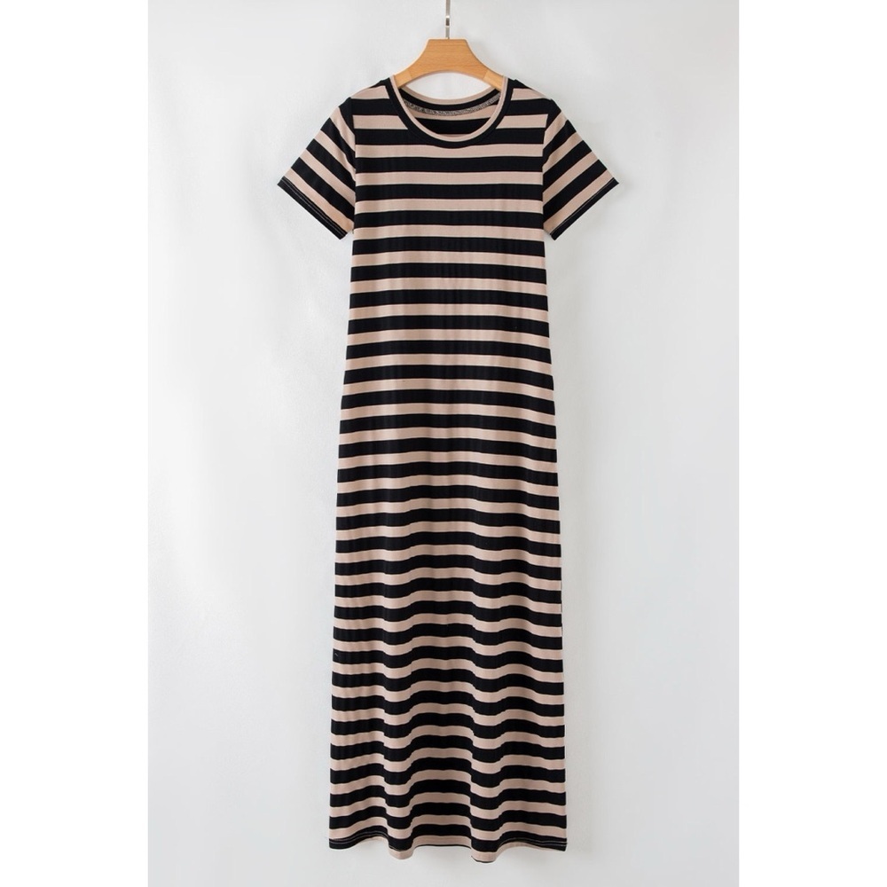 Black Stripe Casual Round Neck T-shirt Maxi Dress with Pockets - Picture 2 of 2